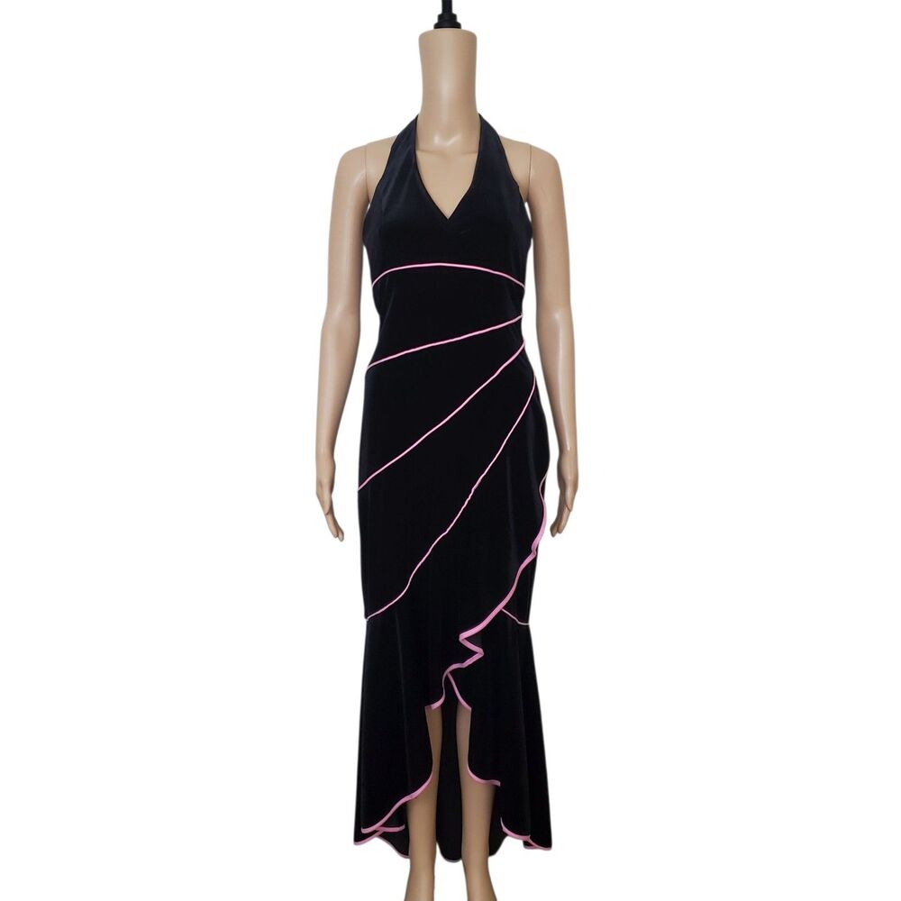 Vtg Betsy & Adam Halter Dress 6 Black Velvet Ruffle Maxi Pink Trim Whimsigoth